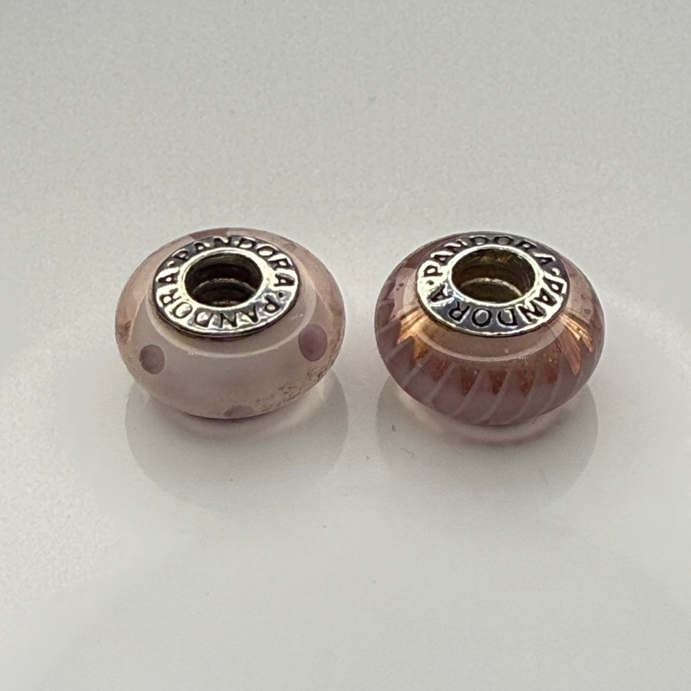 Retired Pandora Pink Murano Glass Charms–Dots & Swirl Designs–925 ALE(Set of 2)